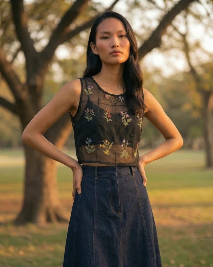 Embroidered organza top for women with detailed stitching and modern fit. Designed for a stylish, minimal yet elegant appearance in casual and dressy settings.