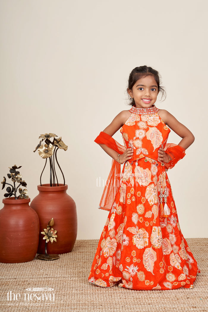 The Nesavu Girls Lehenga Choli Viscose silk lehenga choli for girls with sequence embroidery Nesavu Nesavu orange viscose silk lehenga choli for girls with sequin embroidery and festive tassel details