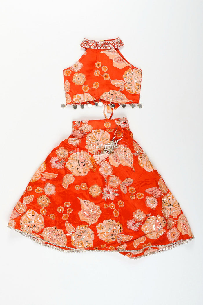 The Nesavu Girls Lehenga Choli Viscose silk lehenga choli for girls with sequence embroidery Nesavu Nesavu orange viscose silk lehenga choli for girls with sequin embroidery and festive tassel details
