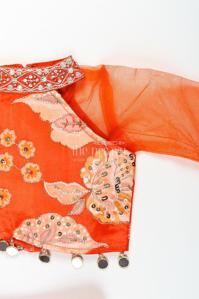 The Nesavu Girls Lehenga Choli Viscose silk lehenga choli for girls with sequence embroidery Nesavu Nesavu orange viscose silk lehenga choli for girls with sequin embroidery and festive tassel details