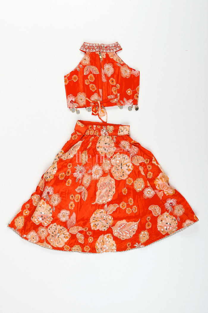 The Nesavu Girls Lehenga Choli Viscose silk lehenga choli for girls with sequence embroidery Nesavu Nesavu orange viscose silk lehenga choli for girls with sequin embroidery and festive tassel details