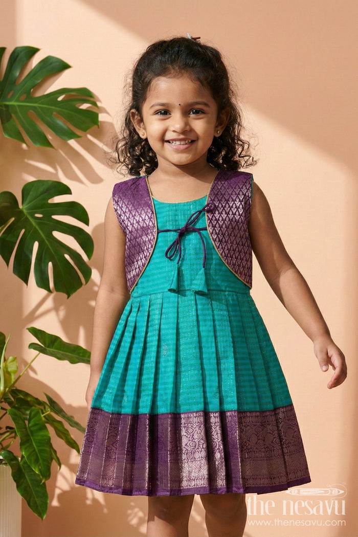 The Nesavu Girls Kanchi Silk Frock Wedding Silk Frock for Toddler Girls with Bridesmaid-style Kanchivaram Border and Yoke Nesavu 10 (NB) / Green / style 1 KSF015AA-10 Nesavu toddler girl silk frock with bridesmaid-inspired Kanchivaram zari border and jacquard yoke