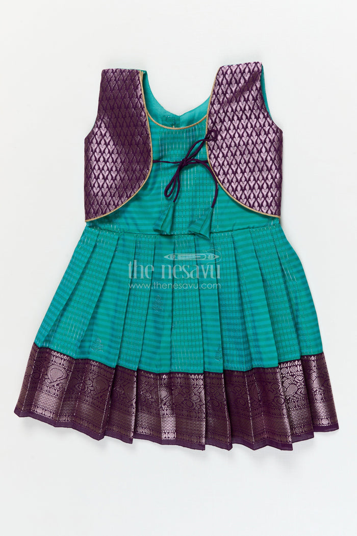 The Nesavu Girls Kanchi Silk Frock Wedding Silk Frock for Toddler Girls with Bridesmaid-style Kanchivaram Border and Yoke Nesavu 10 (NB) / Green / style 1 KSF015AA-10 Nesavu toddler girl silk frock with bridesmaid-inspired Kanchivaram zari border and jacquard yoke
