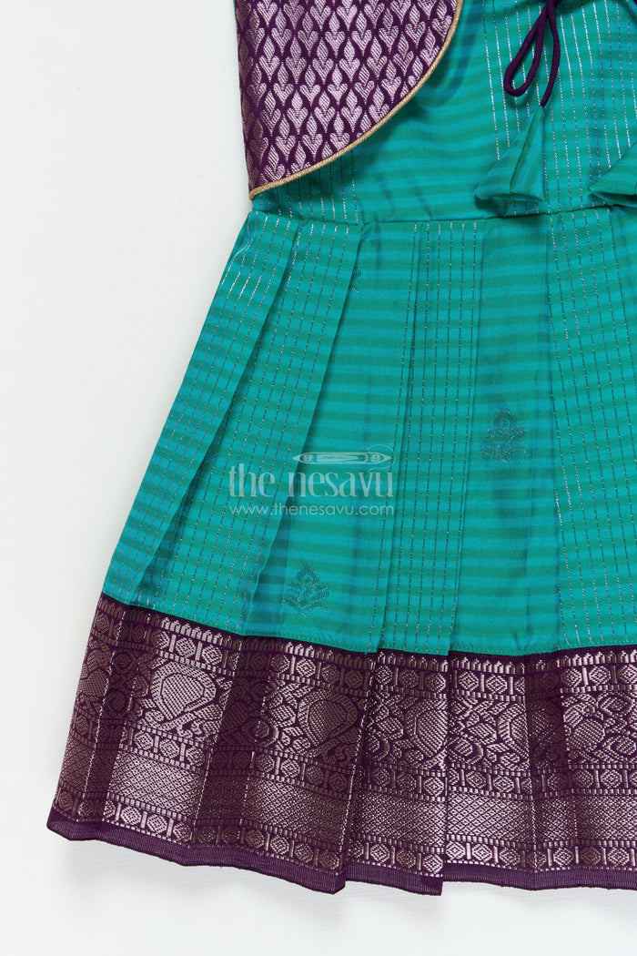 The Nesavu Girls Kanchi Silk Frock Wedding Silk Frock for Toddler Girls with Bridesmaid-style Kanchivaram Border and Yoke Nesavu Nesavu toddler girl silk frock with bridesmaid-inspired Kanchivaram zari border and jacquard yoke
