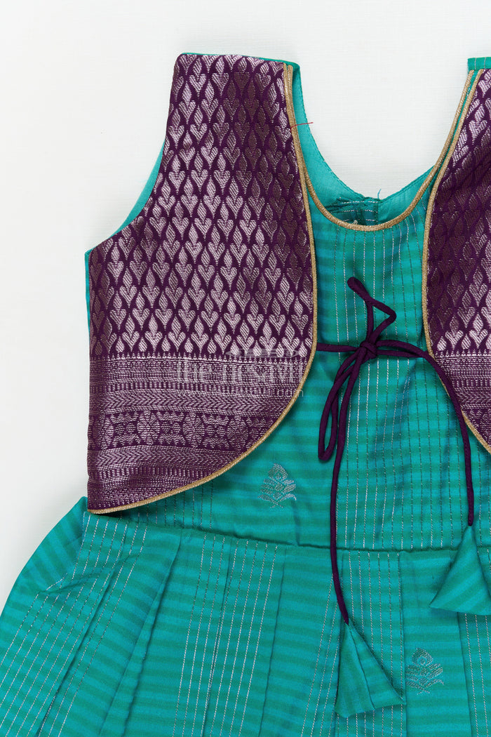 The Nesavu Girls Kanchi Silk Frock Wedding Silk Frock for Toddler Girls with Bridesmaid-style Kanchivaram Border and Yoke Nesavu Nesavu toddler girl silk frock with bridesmaid-inspired Kanchivaram zari border and jacquard yoke