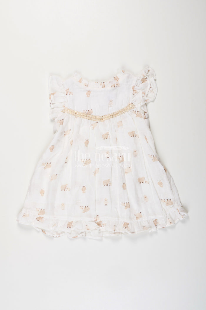 The Nesavu Girls Cotton Frock White Muslin Cotton Frock for Baby Girls with Soft Sheep Print Nesavu 18 (2Y) / White GFC1941A-18 Nesavu baby girls white muslin cotton frock with sheep print and ruffle detailing for everyday wear