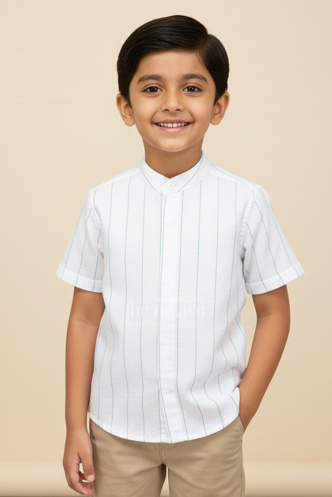 The Nesavu Boys Cotton Shirt White Striped Shirt for Boys in Cotton with Blue Vertical Lines and Mandarin Collar Finish Nesavu 16 (1Y) / White BS289A-16 Nesavu White Striped Shirt Boys Cotton Blue Lines Lightweight Summer Fit