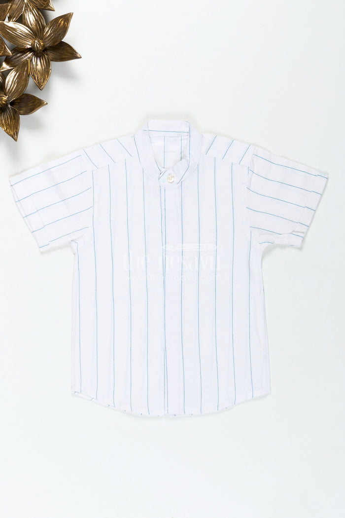 The Nesavu Boys Cotton Shirt White Striped Shirt for Boys in Cotton with Blue Vertical Lines and Mandarin Collar Finish Nesavu Nesavu White Striped Shirt Boys Cotton Blue Lines Lightweight Summer Fit