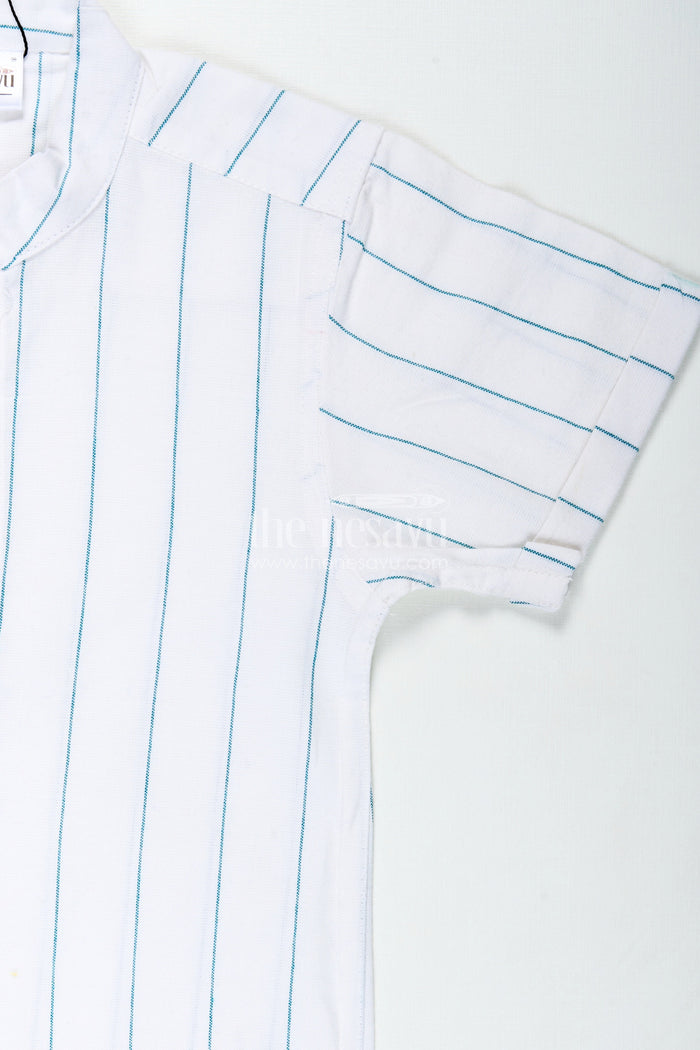 The Nesavu Boys Cotton Shirt White Striped Shirt for Boys in Cotton with Blue Vertical Lines and Mandarin Collar Finish Nesavu Nesavu White Striped Shirt Boys Cotton Blue Lines Lightweight Summer Fit