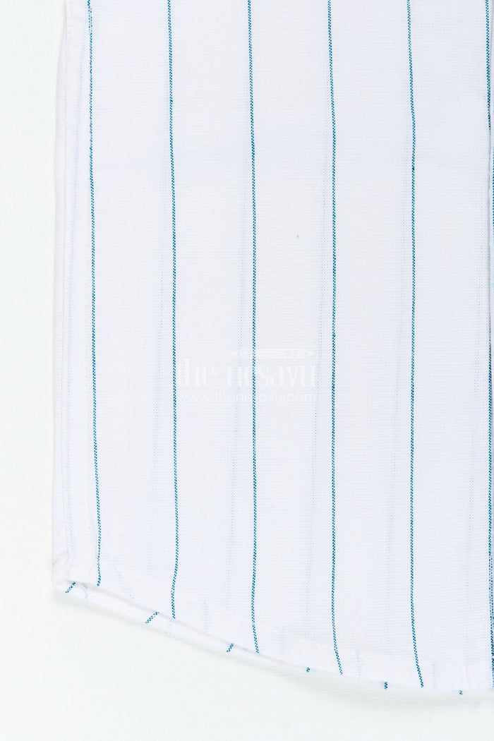 The Nesavu Boys Cotton Shirt White Striped Shirt for Boys in Cotton with Blue Vertical Lines and Mandarin Collar Finish Nesavu Nesavu White Striped Shirt Boys Cotton Blue Lines Lightweight Summer Fit