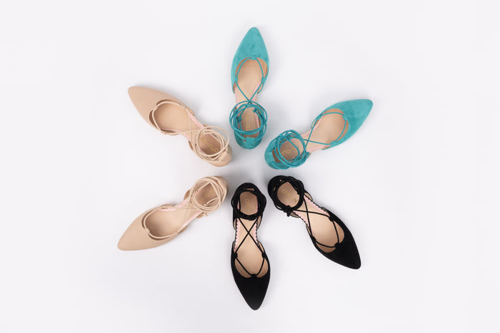 Aerial view of Winnies in all 3 colours, teal, black and beige. Flat womens shoes available in larger UK sizes 8-12