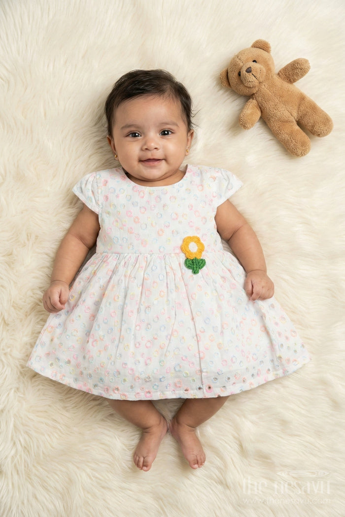 The Nesavu Baby Cotton Frocks Yellow Baby Girl Hakoba Frock with Floral Patch and Pastel Circle Embroidery Nesavu 14 (6M) / Yellow BFJ900B-14 Nesavu yellow Hakoba cotton frock for baby girls with embroidery and flower patch
