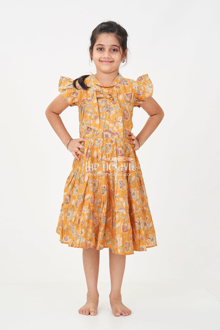 The Nesavu Girls Cotton Frock Yellow Frock for Baby Girls in Modal Silk with Digital Floral Print and Ruffled Sleeves Nesavu Nesavu Yellow Frock Baby Girls Soft Modal Silk Floral Digital Print Ruffle Detailing