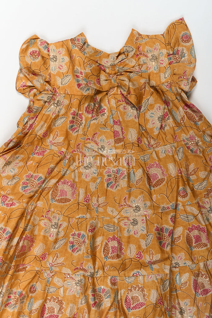 The Nesavu Girls Cotton Frock Yellow Frock for Baby Girls in Modal Silk with Digital Floral Print and Ruffled Sleeves Nesavu Nesavu Yellow Frock Baby Girls Soft Modal Silk Floral Digital Print Ruffle Detailing